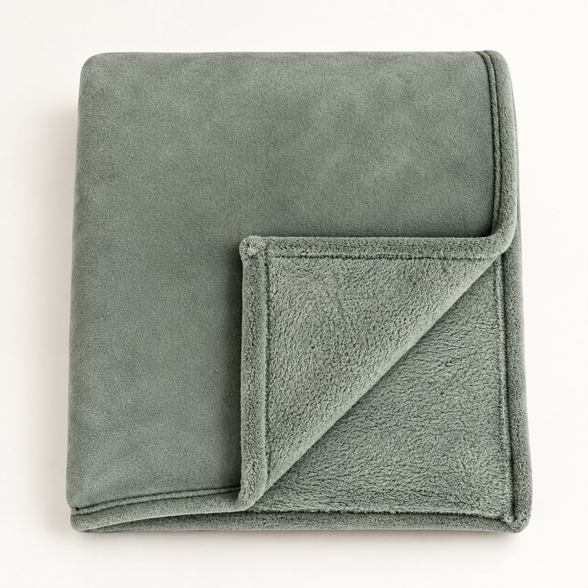 Sage Green Luxury Snuggle Blanket Throw, folded sage green throw with its corner turned back on white