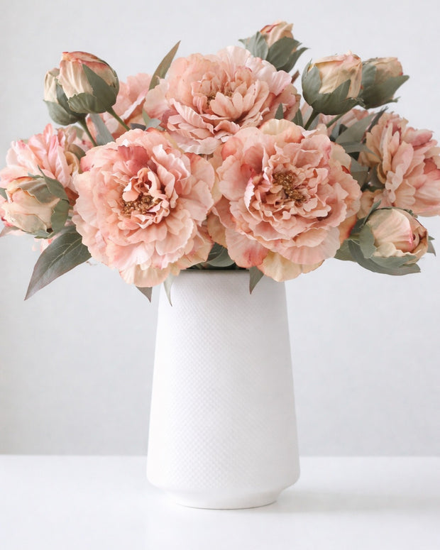 Artificial Peach Open Double Peony Flower Stem from Starlight Express, featuring realistic peach-colored peony blossoms and greenery.