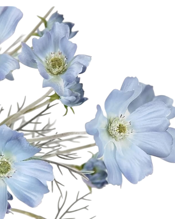 Artificial Ocean Blue Cosmos Flower Stem from Starlight Express, showcasing vibrant blue cosmos blooms and green foliage.