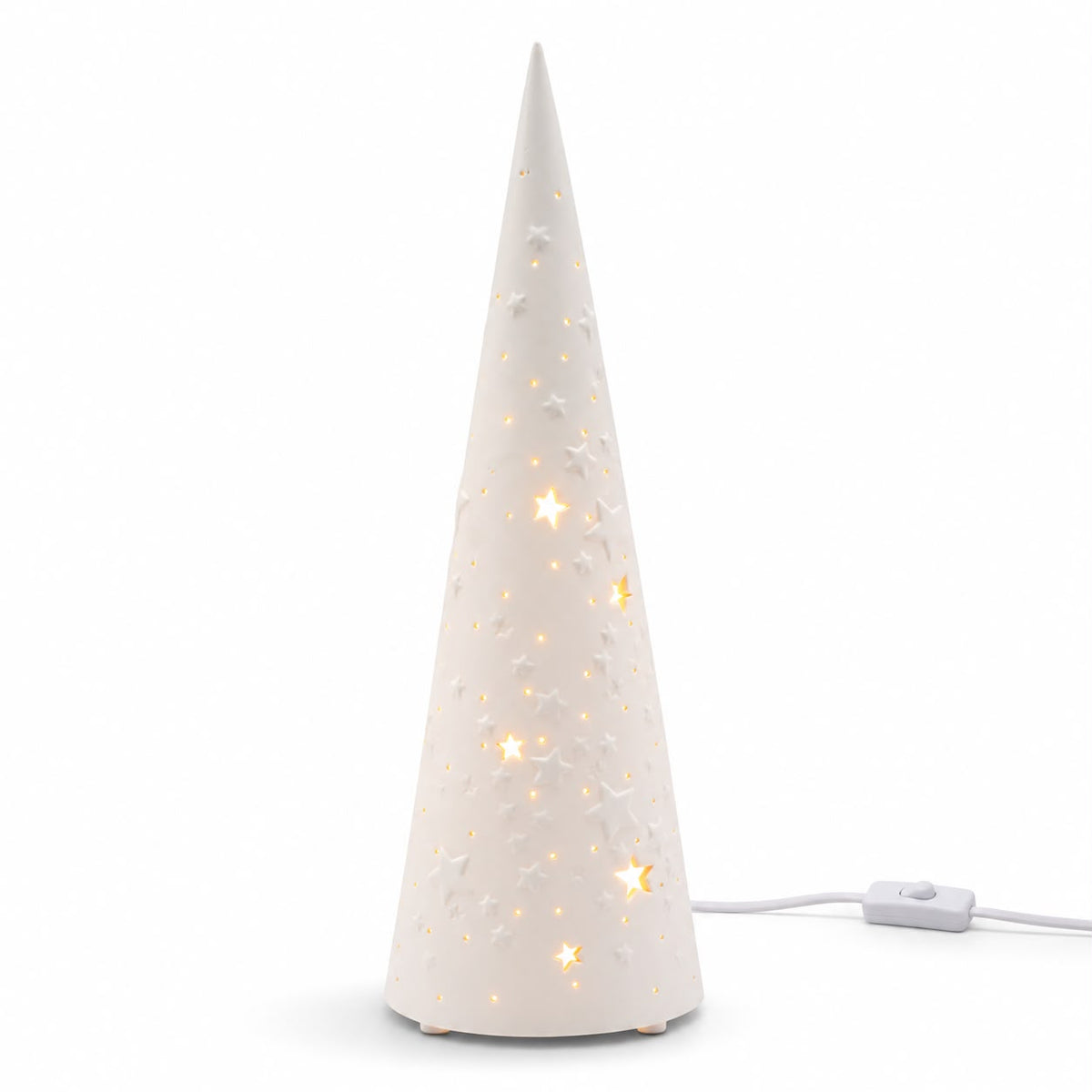White porcelain Christmas tree lamp by Widdop & Co featuring a festive holiday design with illuminated details.
