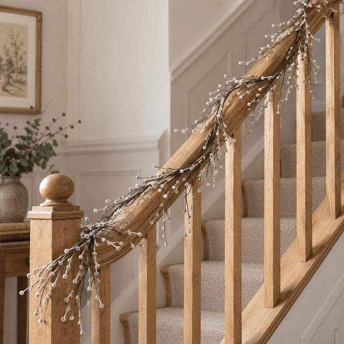 Snowy Twig Garland, snowy twig garland wrapped around a wooden stair rail