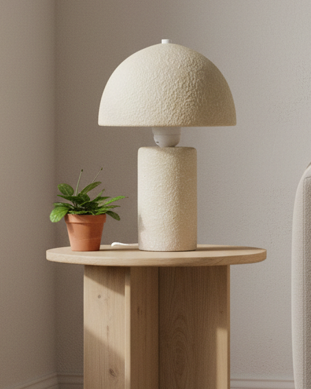 Modern lamp on a wooden side table with a plant, against a neutral wall.