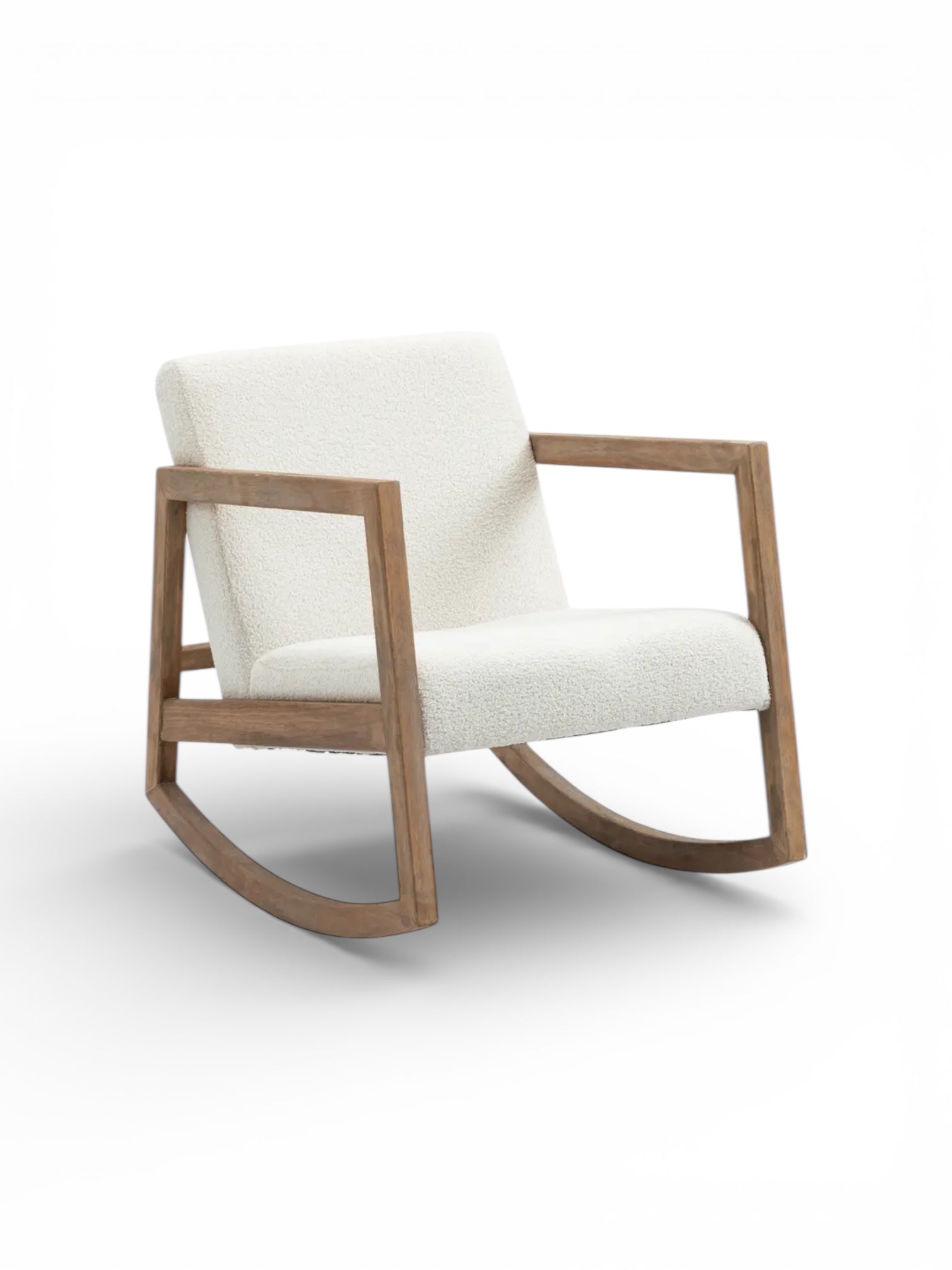 Cream boucle Sherpa rocking chair by Starlight Express with plush fabric and wooden legs, perfect for nursery or bedroom decor.