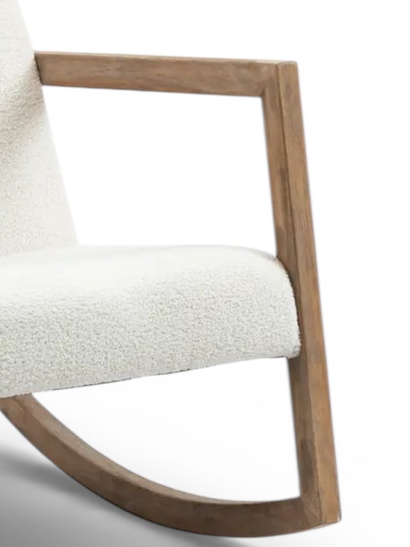 Cream boucle Sherpa rocking chair with wooden legs, plush upholstery, ideal for nursery or bedroom decor by Starlight Express.