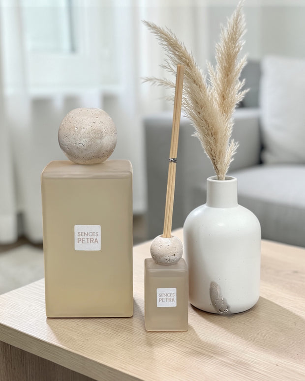 White Petra XL Reed Diffuser by Coach House with travertine top and pink pepper scent, showcasing the elegant home fragrance design.