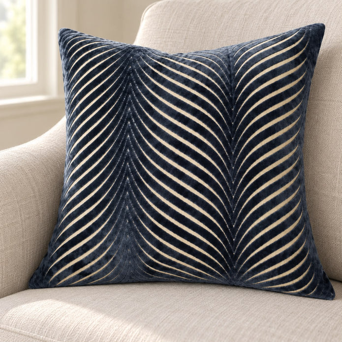 Navy Blue Cut Velvet Fan Cushion Cover, close-up of the navy cushion and curved pale lines on a sofa