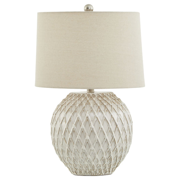 White lattice ceramic lamp by Hill Interiors, showcasing a stylish lighting fixture with intricate lattice design.