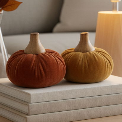 Large Velvet Pumpkin With Wooden Stem