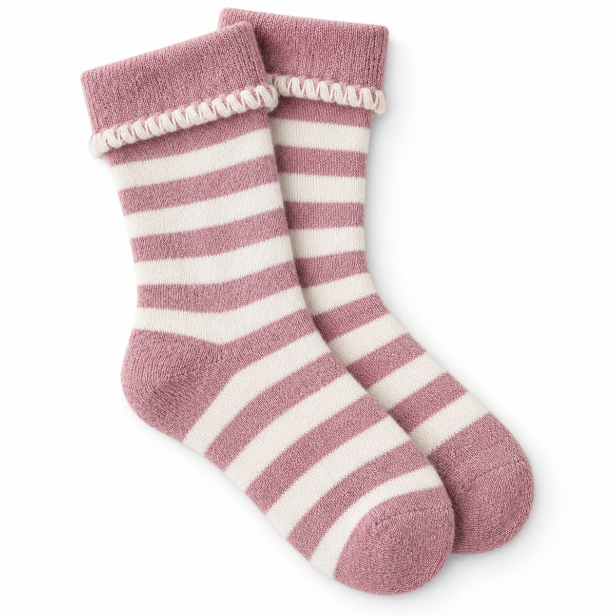 Super Cosy Fluffy Cuff Socks - Pink Stripe, pink and cream striped socks against white