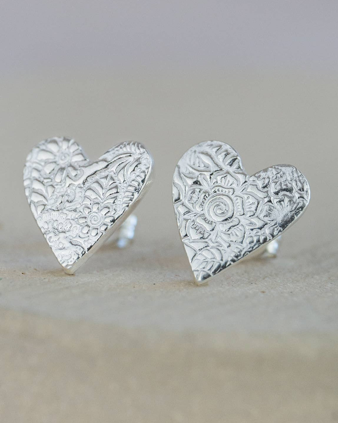 Sterling Silver Textured Heart Stud Earrings