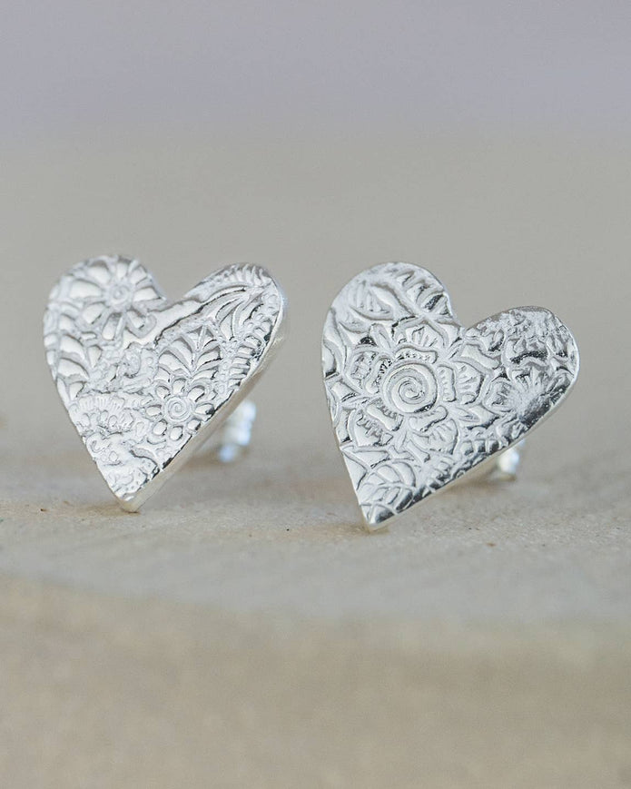 Sterling Silver Textured Heart Stud Earrings