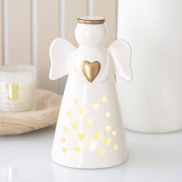 Large LED angel decoration with heart, illuminated angel figure with glowing lights, ideal for festive or decorative displays