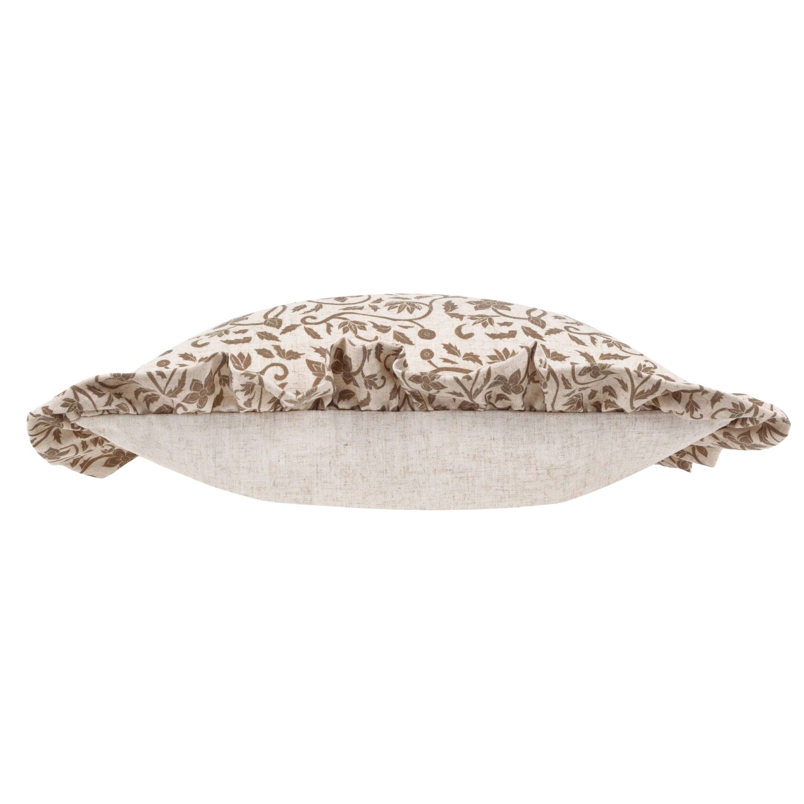 Beige Linen Filigree Printed Ruffle Cushion Cover