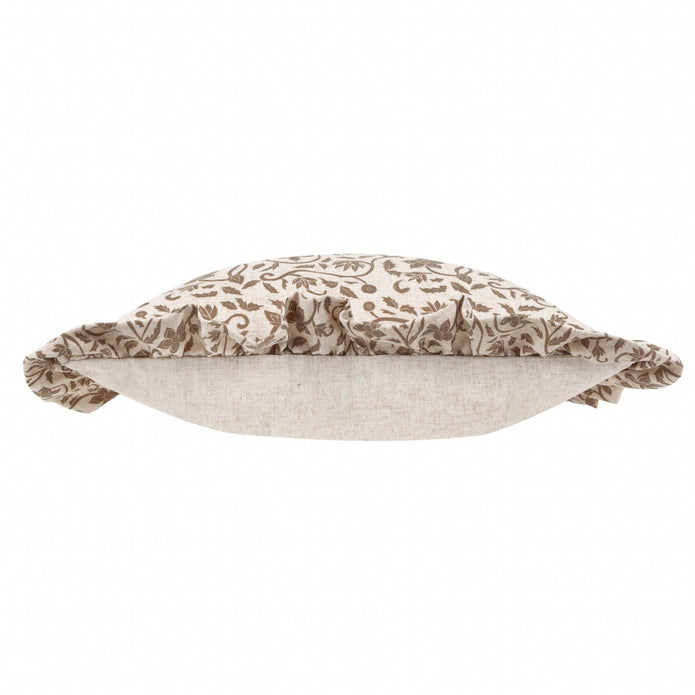 Beige Linen Filigree Printed Ruffle Cushion Cover