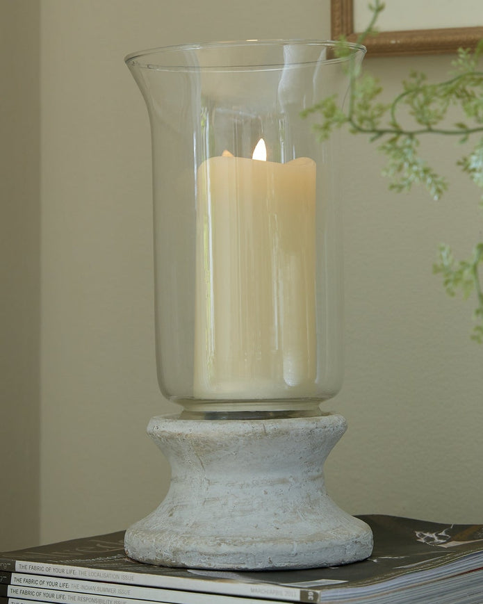 Stone-based hurricane candle lantern for home decor, featuring a rustic design with glass sides and a sturdy stone base.