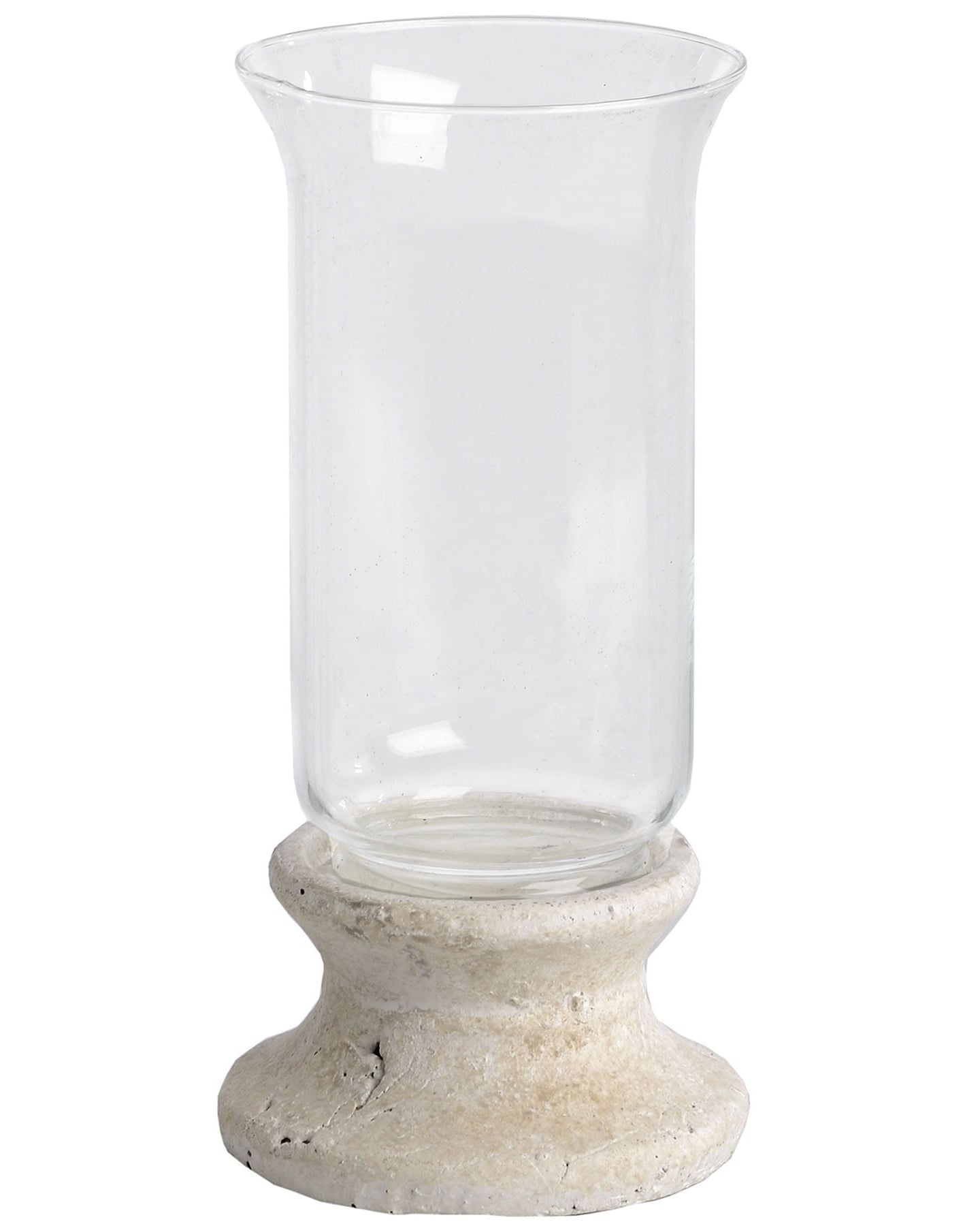 Stone-based hurricane candle lantern for home decor, featuring a glass enclosure and rustic stone base by Hill Interiors.