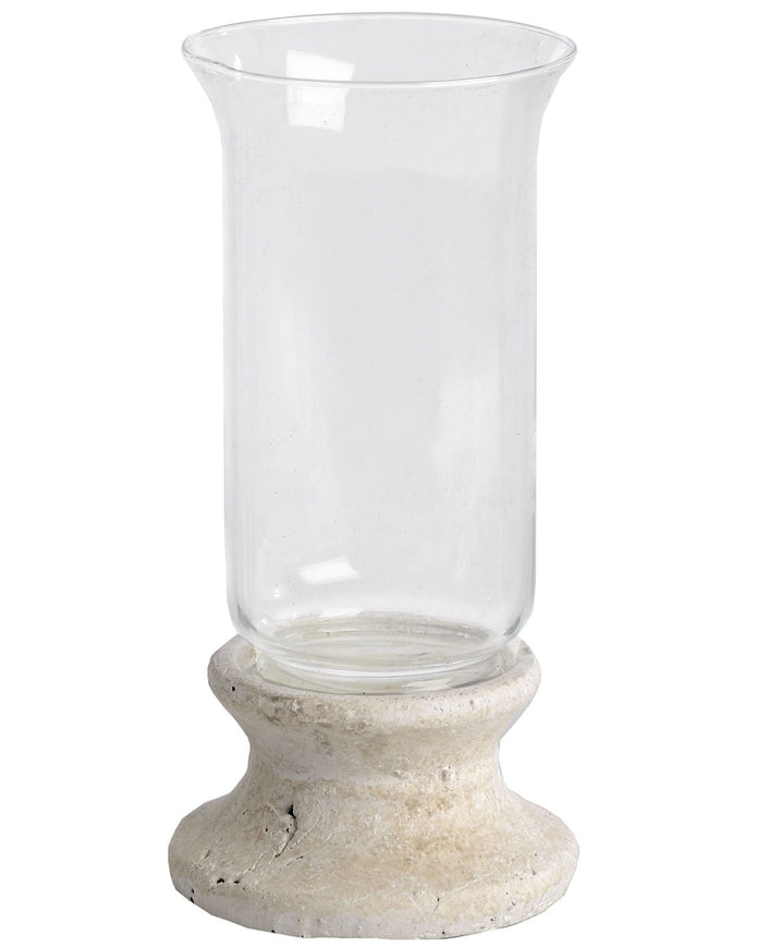Stone-based hurricane candle lantern for home decor, featuring a glass enclosure and rustic stone base by Hill Interiors.