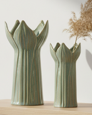 Green Tulip Slim Ceramic Vases - Set of Two