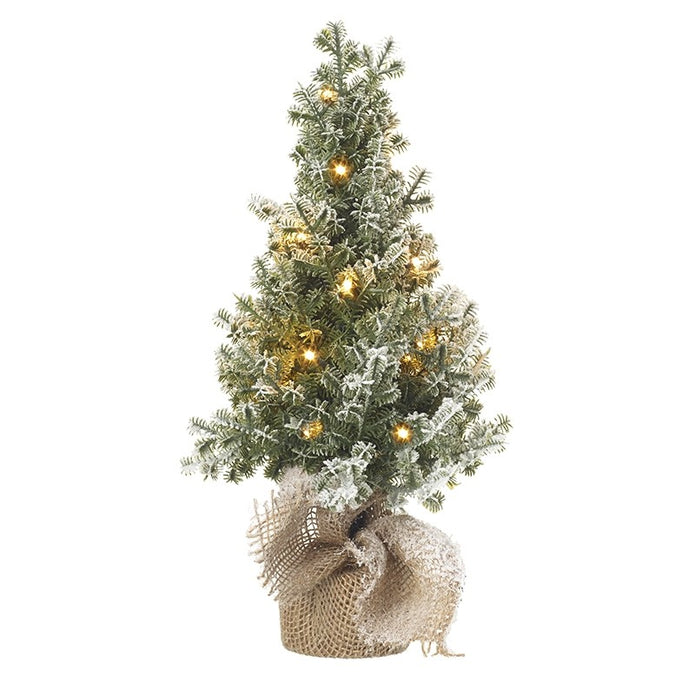 40cm light-up Christmas tree with frosted green branches and a natural hessian-wrapped base