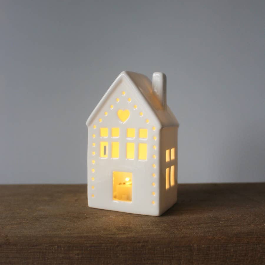 White small light-up LED Christmas house with heart by Gainsborough Giftware x Portland Living