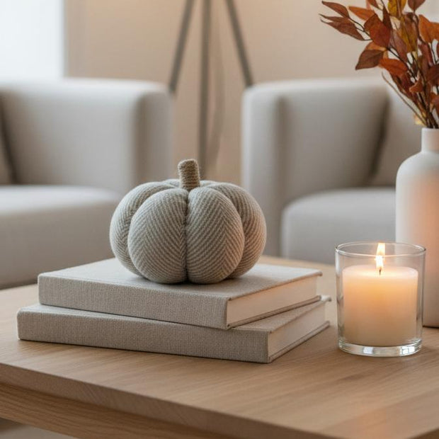 Neutral Fabric Herringbone Pumpkin, neutral herringbone fabric pumpkin on books beside a candle