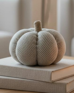 Neutral Fabric Herringbone Pumpkin, close-up of the pumpkin's herringbone fabric panels