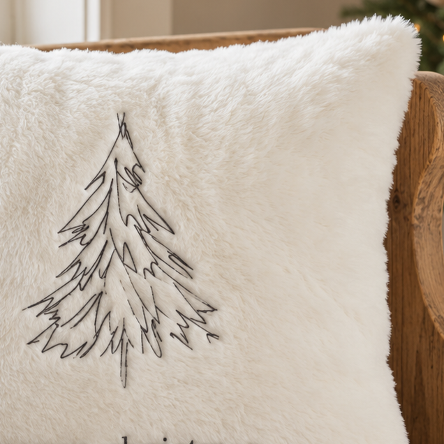 Cream Embroidered Fluffy Christmas Tree Cushion Cover
