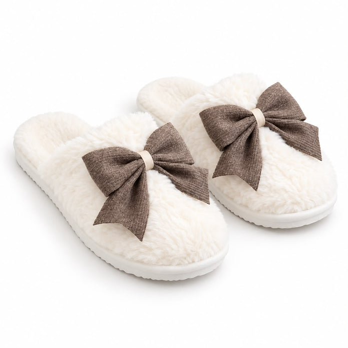 Slippers - Cream And Brown Bow
