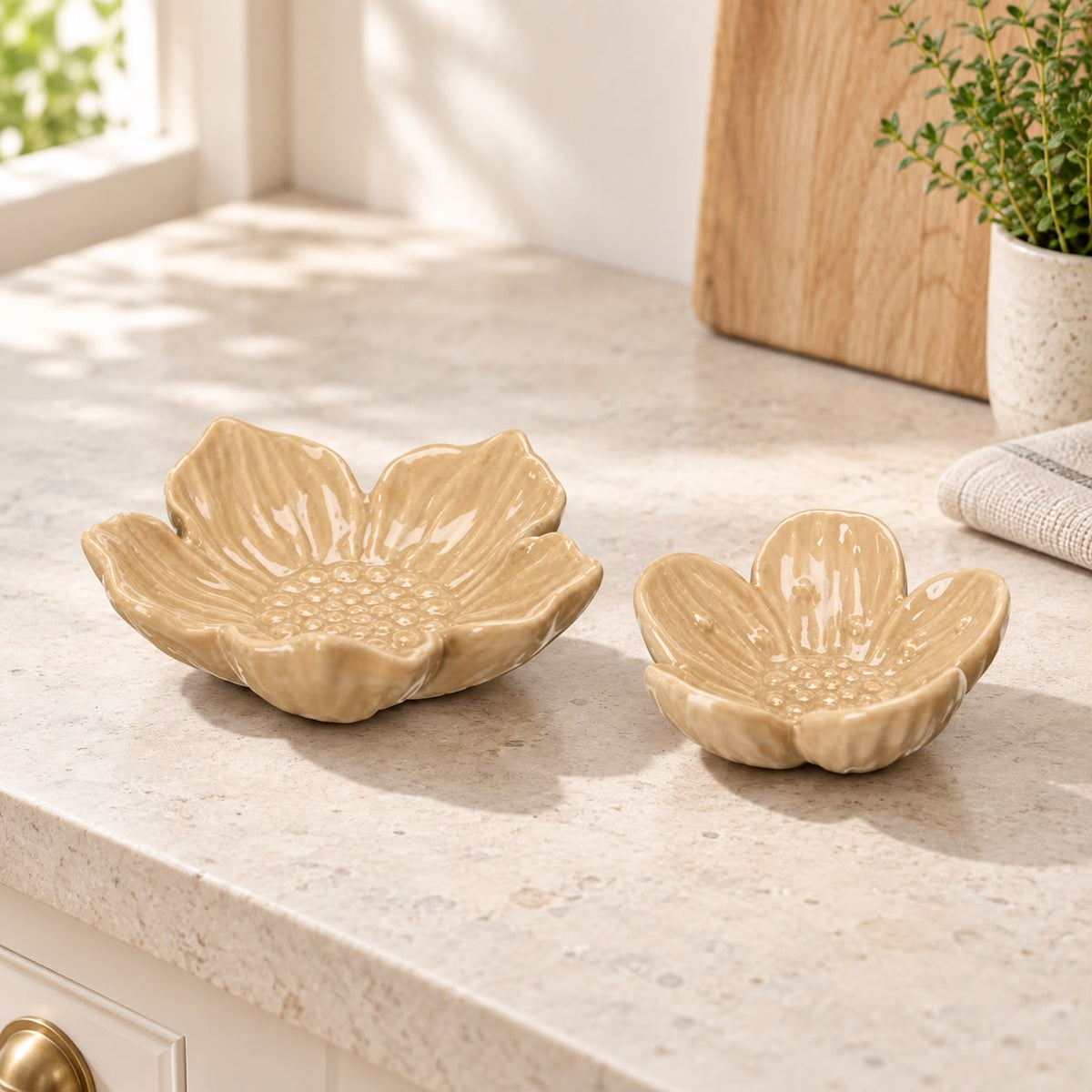 Two beige flower dishes on a light counter