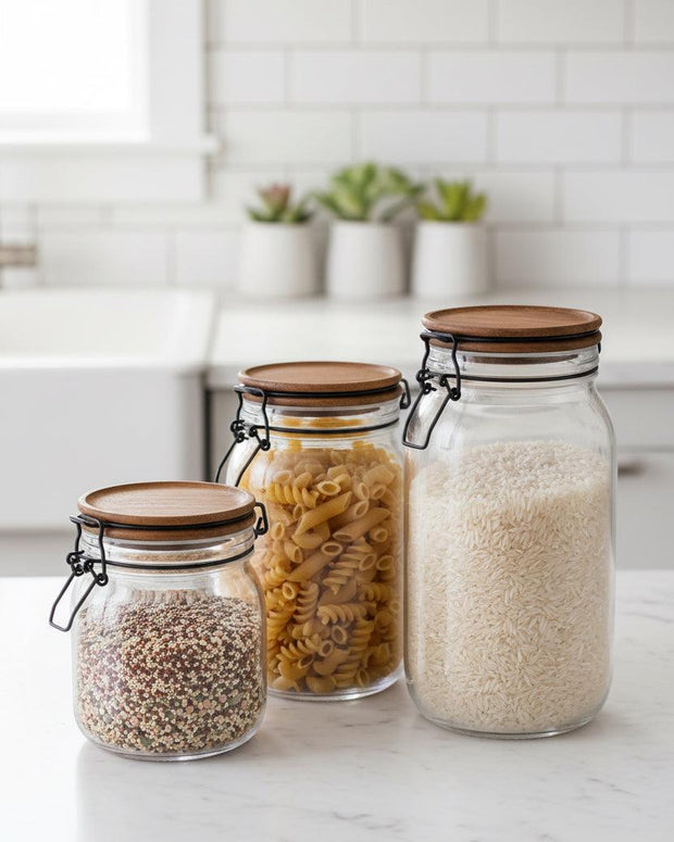 Wooden Lidded Glass Pantry Storage Jar