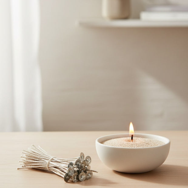 Pack of 50 Candle Sand Replacement Wicks for home fragrance candles by Starlight Express, showing beige wicks on a white background.