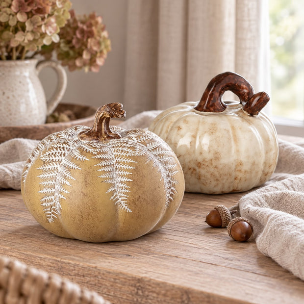 Fern Leaf Design Topped Pumpkin, fern-patterned ochre pumpkin beside a neutral pumpkin