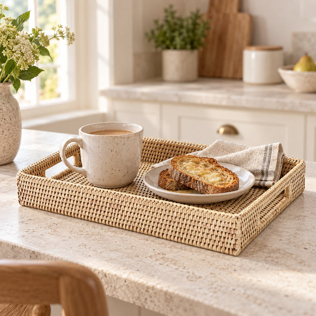 Wickham Rattan Rectangular Tray - Small, small rectangular woven tray with a mug and pastry