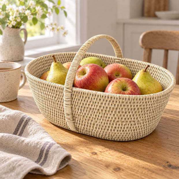 Wickham Rattan Handled Shopping Basket, handled woven basket filled with apples and pears