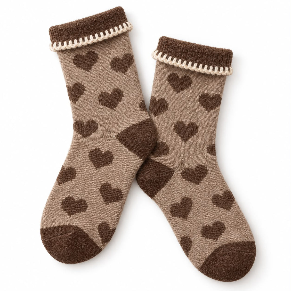 Cosy Cuff Socks - Beige Heart, beige socks with brown hearts against white