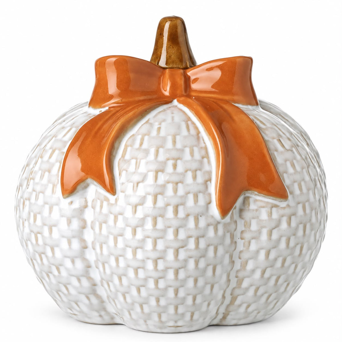 White ceramic pumpkin with orange bow, autumn decorative item by Heaven Sends, perfect for fall seasonal decor.