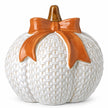White ceramic pumpkin with orange bow, autumn decorative item by Heaven Sends, perfect for fall seasonal decor.