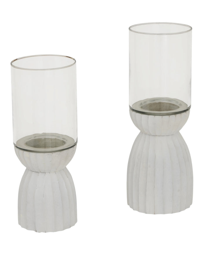 White carved hurricane lantern for home decor, featuring intricate patterns and a classic design by Hill Interiors.