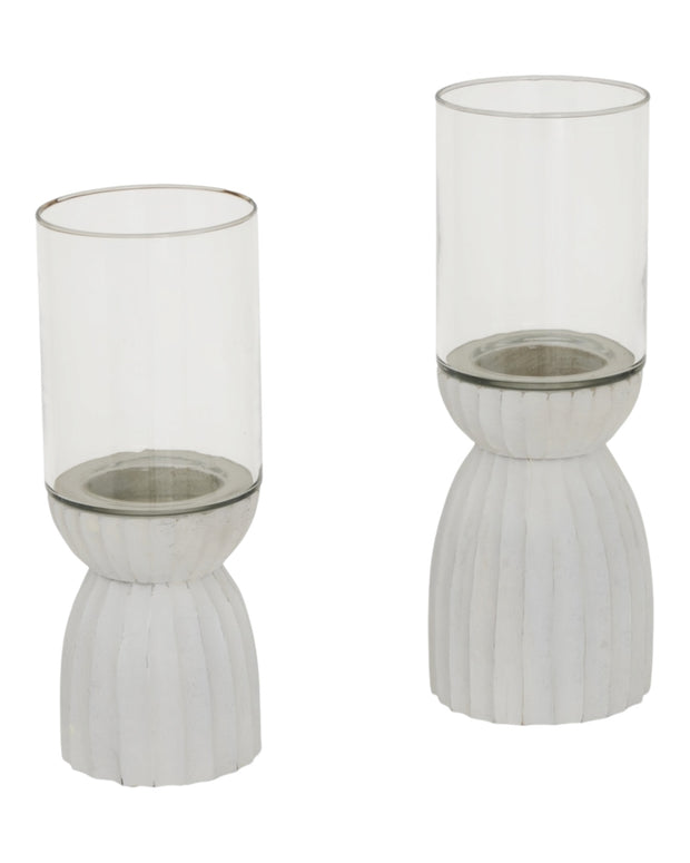 White carved hurricane lantern for home decor, featuring intricate patterns and a classic design by Hill Interiors.