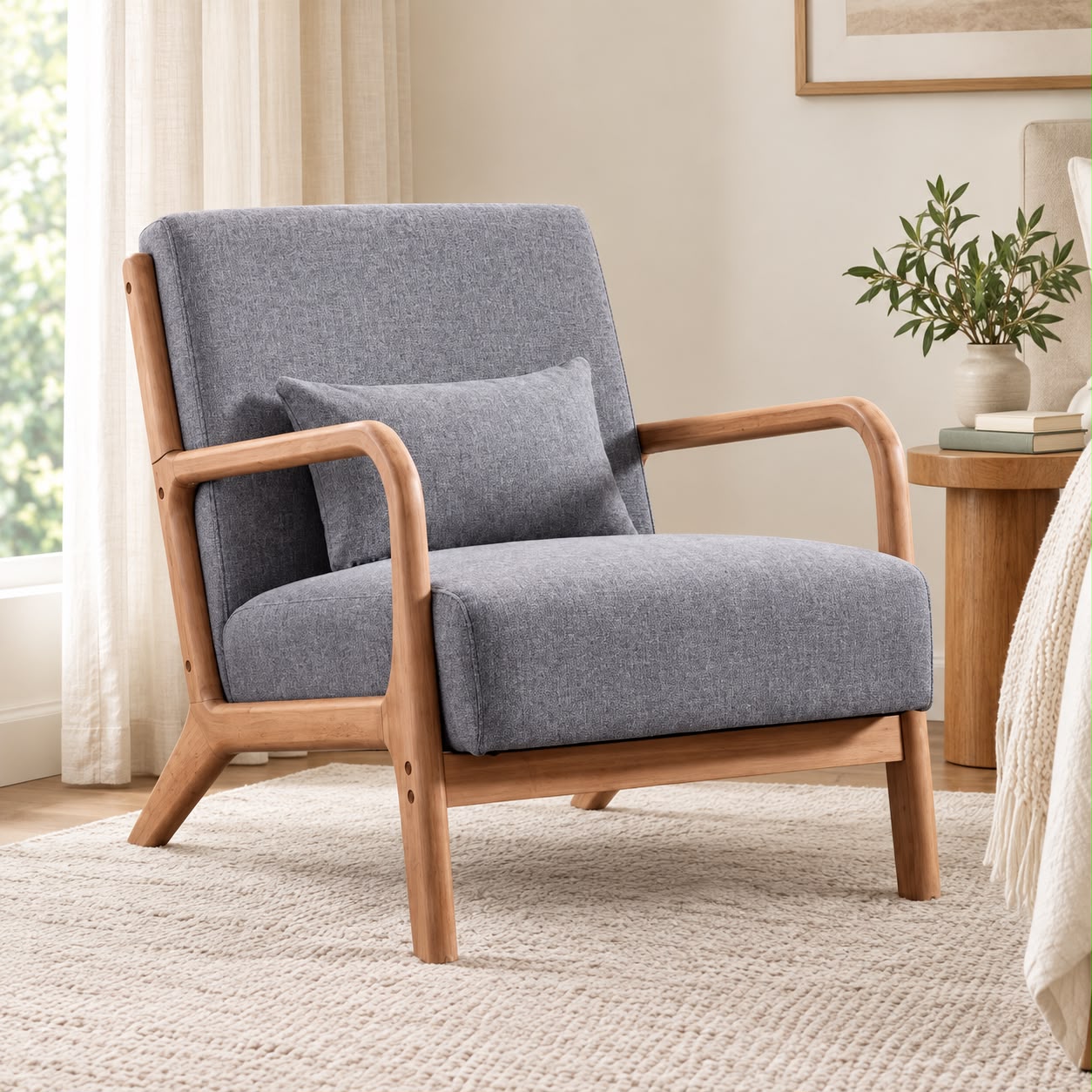 Grey Retro Wooden Framed Arm Chair