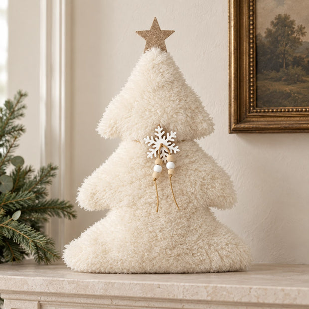 Fluffy Tree With Gold Star, cream fluffy tree with a gold star on a mantel