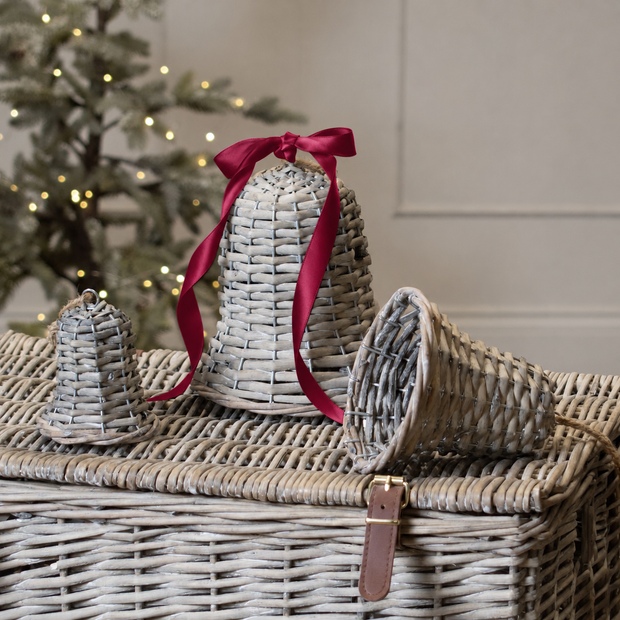 Wicker bell hanging decoration for Christmas, crafted by Hill Interiors, featuring a rustic woven design for holiday decor.
