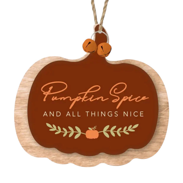 Wooden Pumpkin Spice Hanger Decoration, Pumpkin Spice and All Things Nice plaque against white