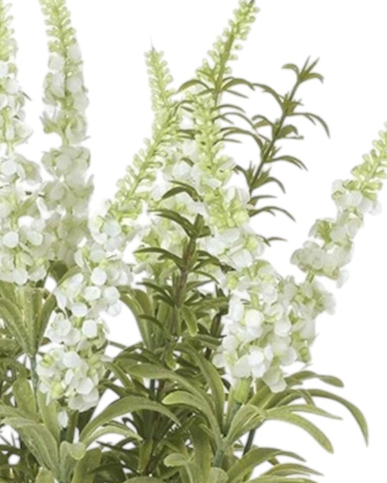 Artificial white lavender plant in a rattan pot, decorative faux green plant from Heaven Sends.