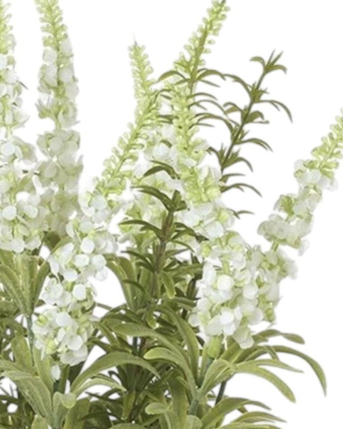 Artificial white lavender plant in a rattan pot, decorative faux green plant from Heaven Sends.