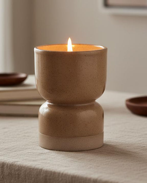 Beige Ceramic Hourglass Shape Candle, lit beige hourglass-shaped ceramic candle on a table