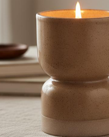 Beige Ceramic Hourglass Shape Candle, close-up of the beige hourglass candle and flame