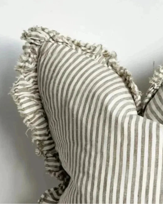 Hallie Olive Green Square Pinstripe Ruffled Linen Cushion Cover