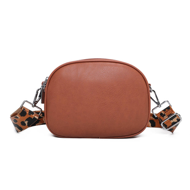Rounded Crossbody Bag with Pattern Strap, tan rounded crossbody bag with a leopard-patterned strap