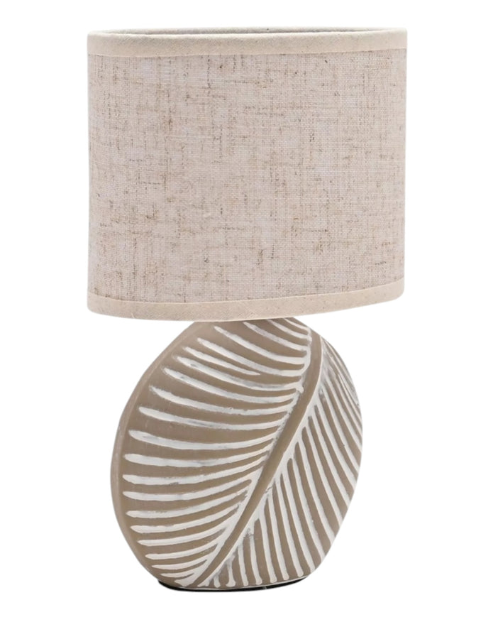 Stone Leaf Table Lamp with Beige Linen Shade